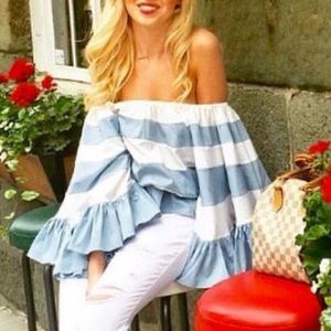 Off the shoulder, blue and white stripe top